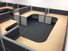  Ecotech Gable Ended Workstations With Curved Corner And Mobile Drawer Pedestals. Choice Of MM1 Or MM2 Melamine Colour Range
